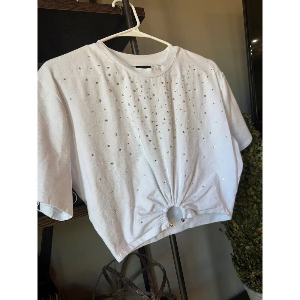 Le Superbe Iced Trancas RHINESTONE Embellished Cropped Tee White Womens Size XS